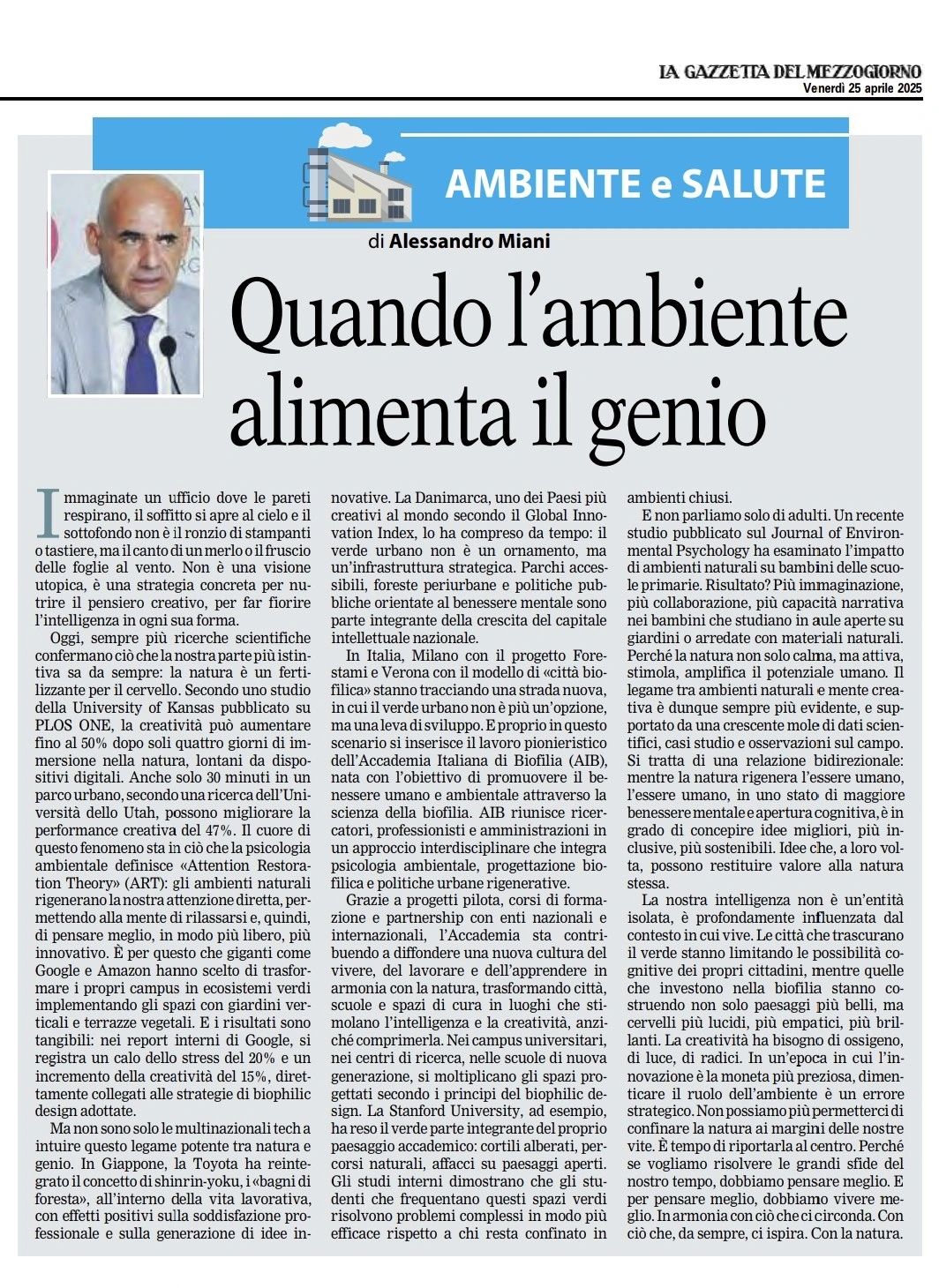 LA GAZZETTA DEL MEZZOGIORNO: Quando l’ambiente alimenta il genio